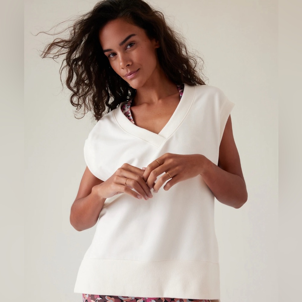 ATHLETA RETROTERRY V-NECK SWEATSHIRT- Magnolia white. NWT